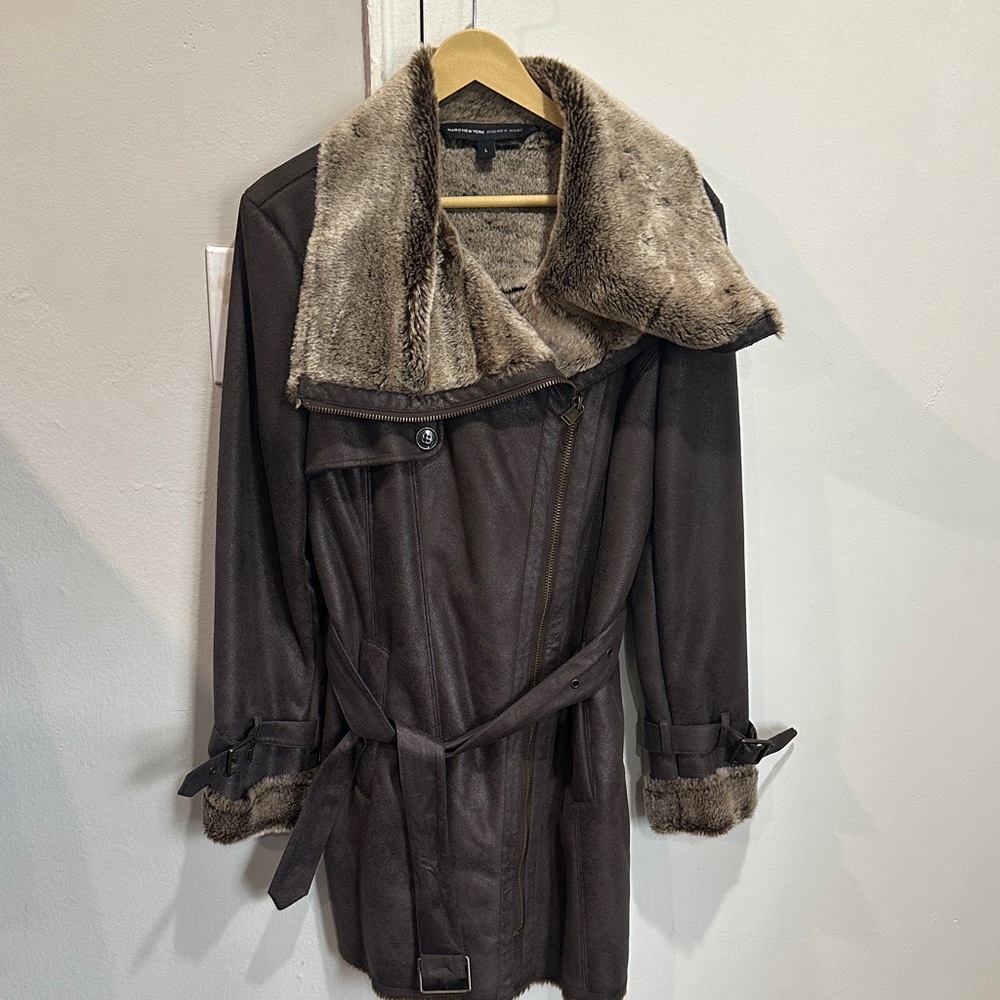 Marc New York Brown Trench Coat with Faux Fur Trim